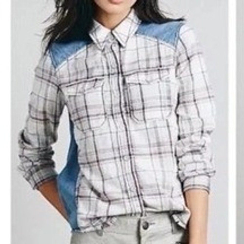 Free People Denim‎ Plaid Mixed Media Button Down Shirt Blue Cream Boho Medium